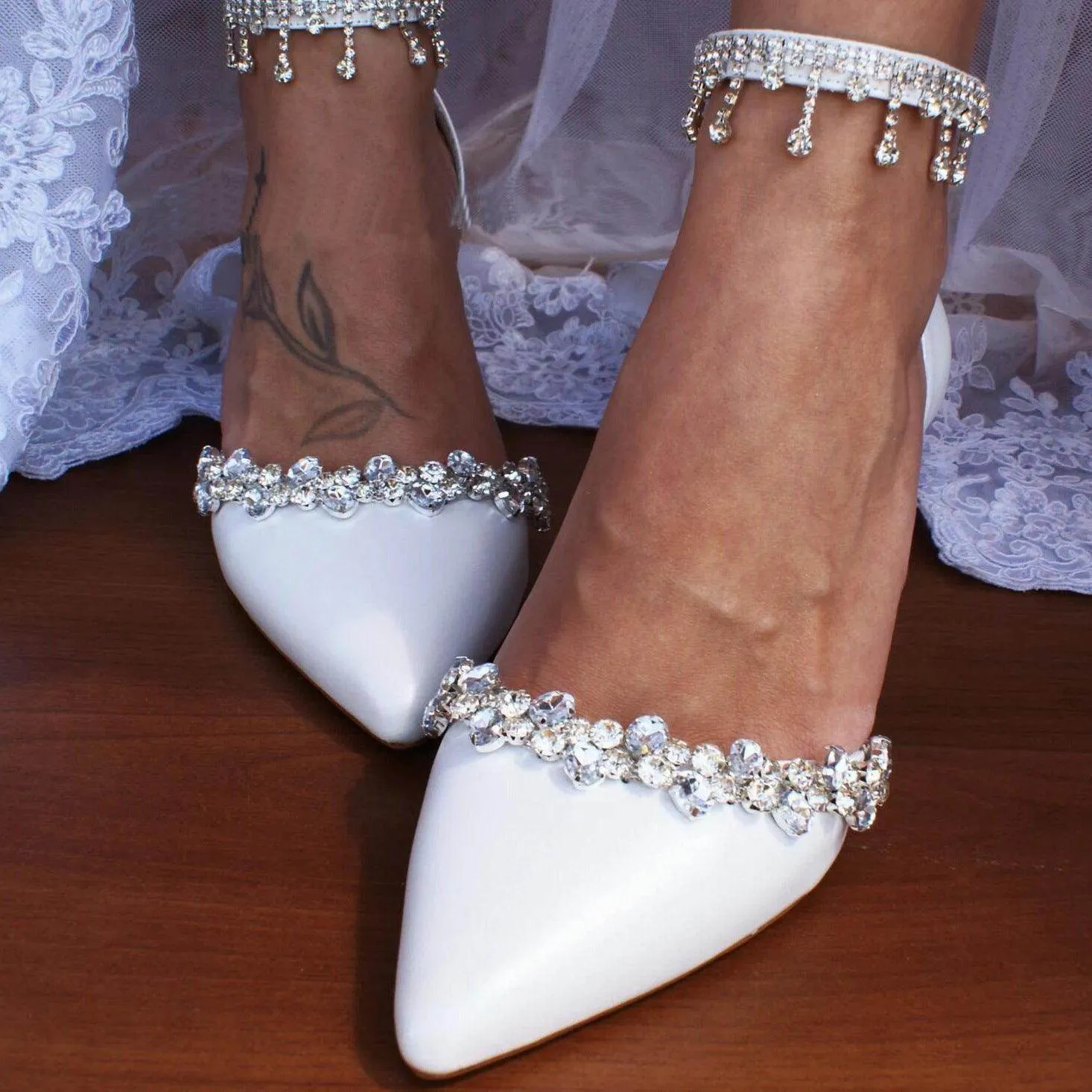 White Rhinestone Ankle Strap Pointy Block Heels 709534419682