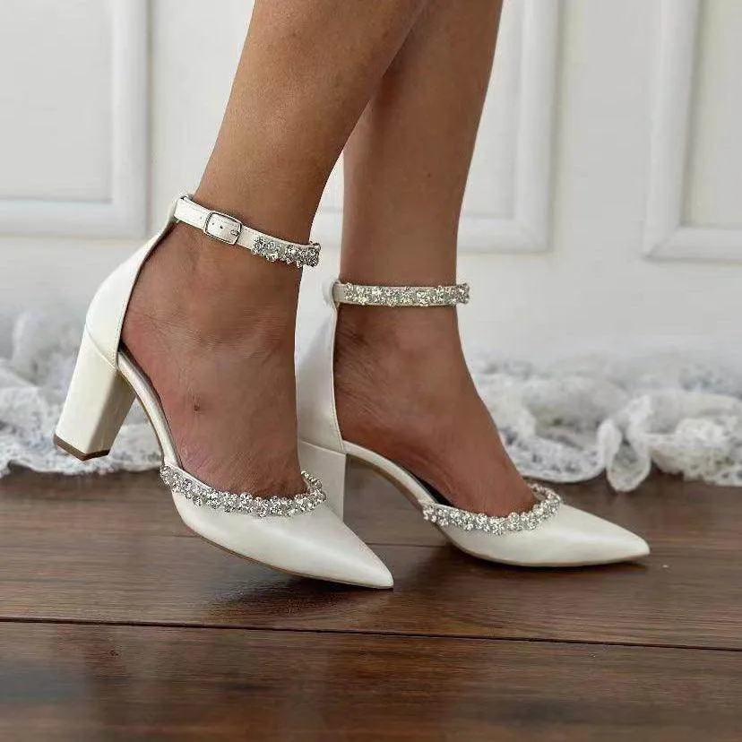 White Rhinestone Ankle Strap Pointy Block Heels 731350490264
