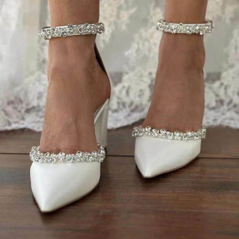 White Rhinestone Ankle Strap Pointy Block Heels 731350490264