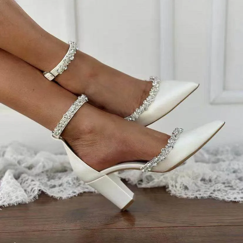 White Rhinestone Ankle Strap Pointy Block Heels 731350490264