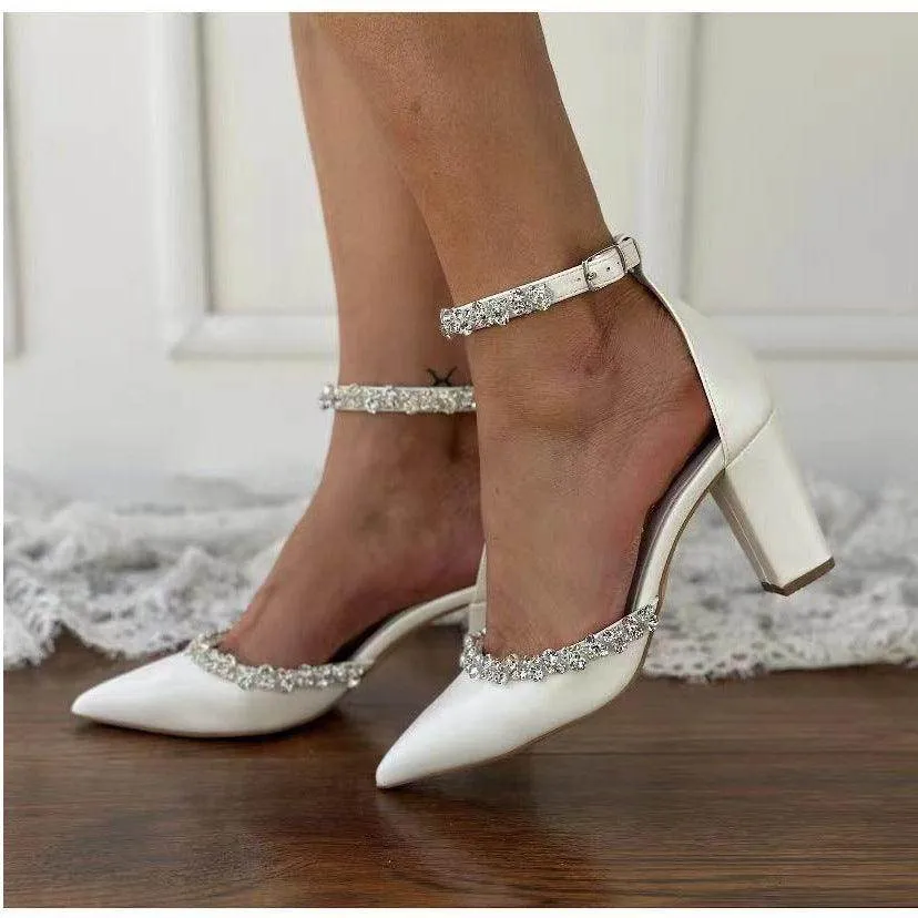White Rhinestone Ankle Strap Pointy Block Heels 731350490264
