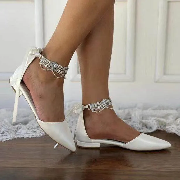 White Rhinestone Ankle Strap  Pointy Flat Shoes 738090030997