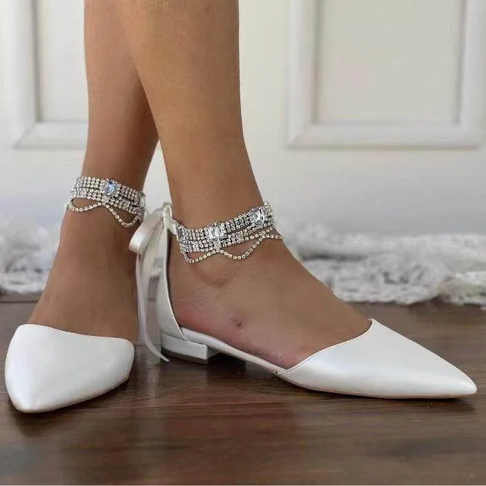 White Rhinestone Ankle Strap  Pointy Flat Shoes 738090030997