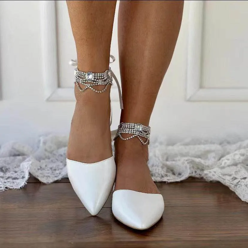 White Rhinestone Ankle Strap  Pointy Flat Shoes 738090030997