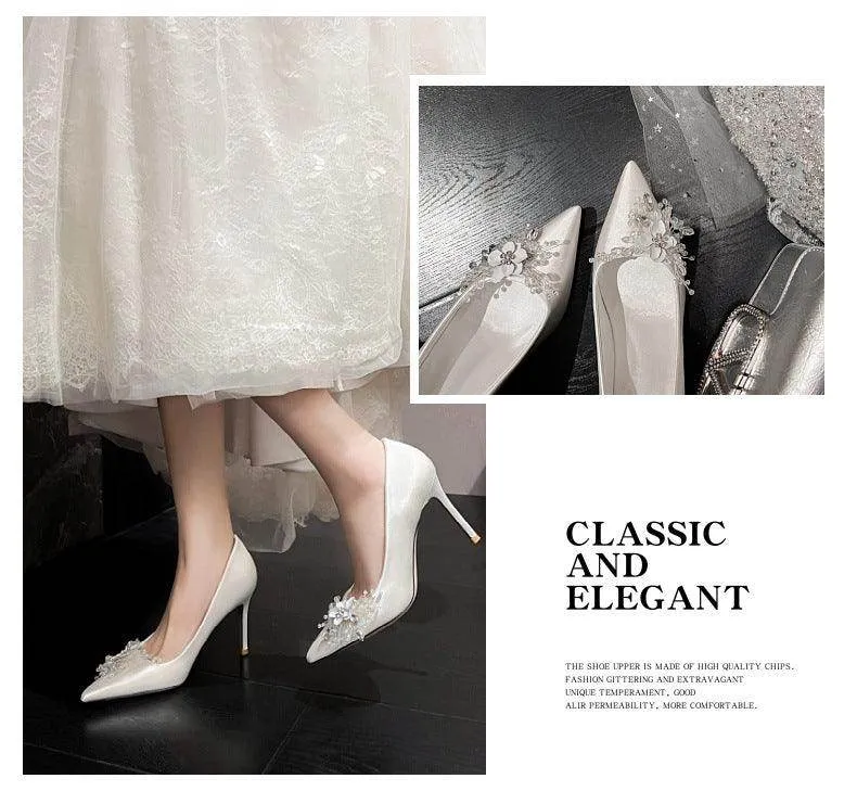 White Satin Crystal  Pointy Stiletto  Heels 799105157591