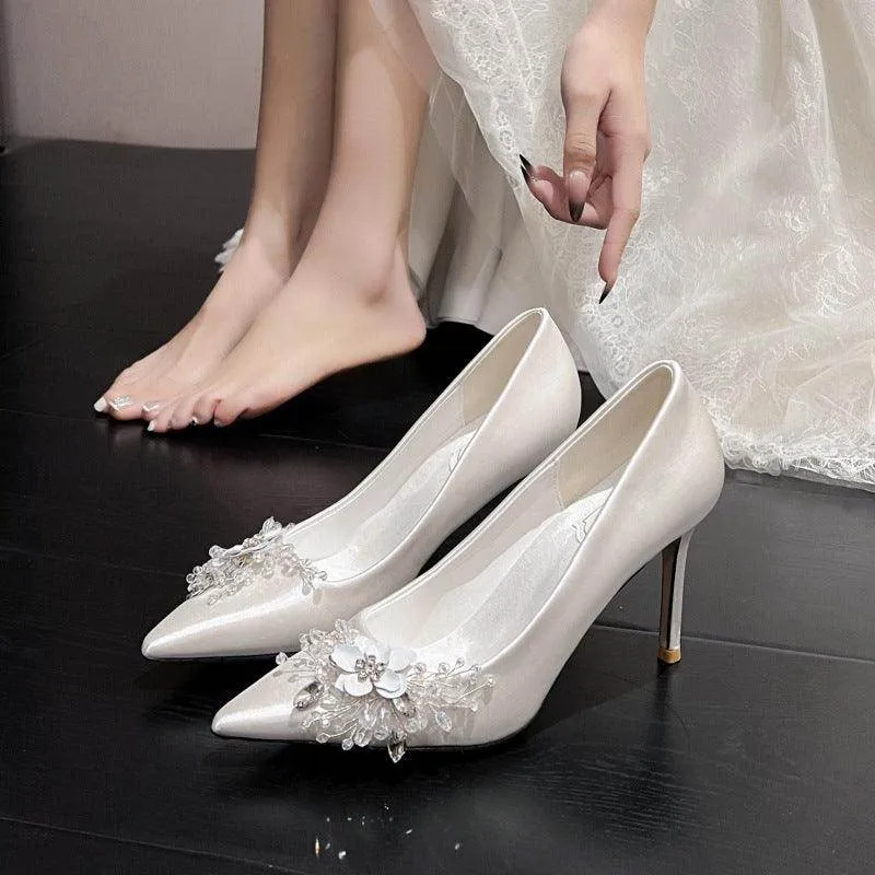 White Satin Crystal  Pointy Stiletto  Heels 799105157591