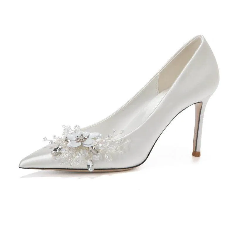 White Satin Crystal  Pointy Stiletto  Heels 799105157591