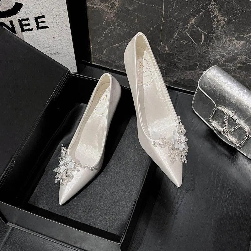 White Satin Crystal  Pointy Stiletto  Heels 799105157591