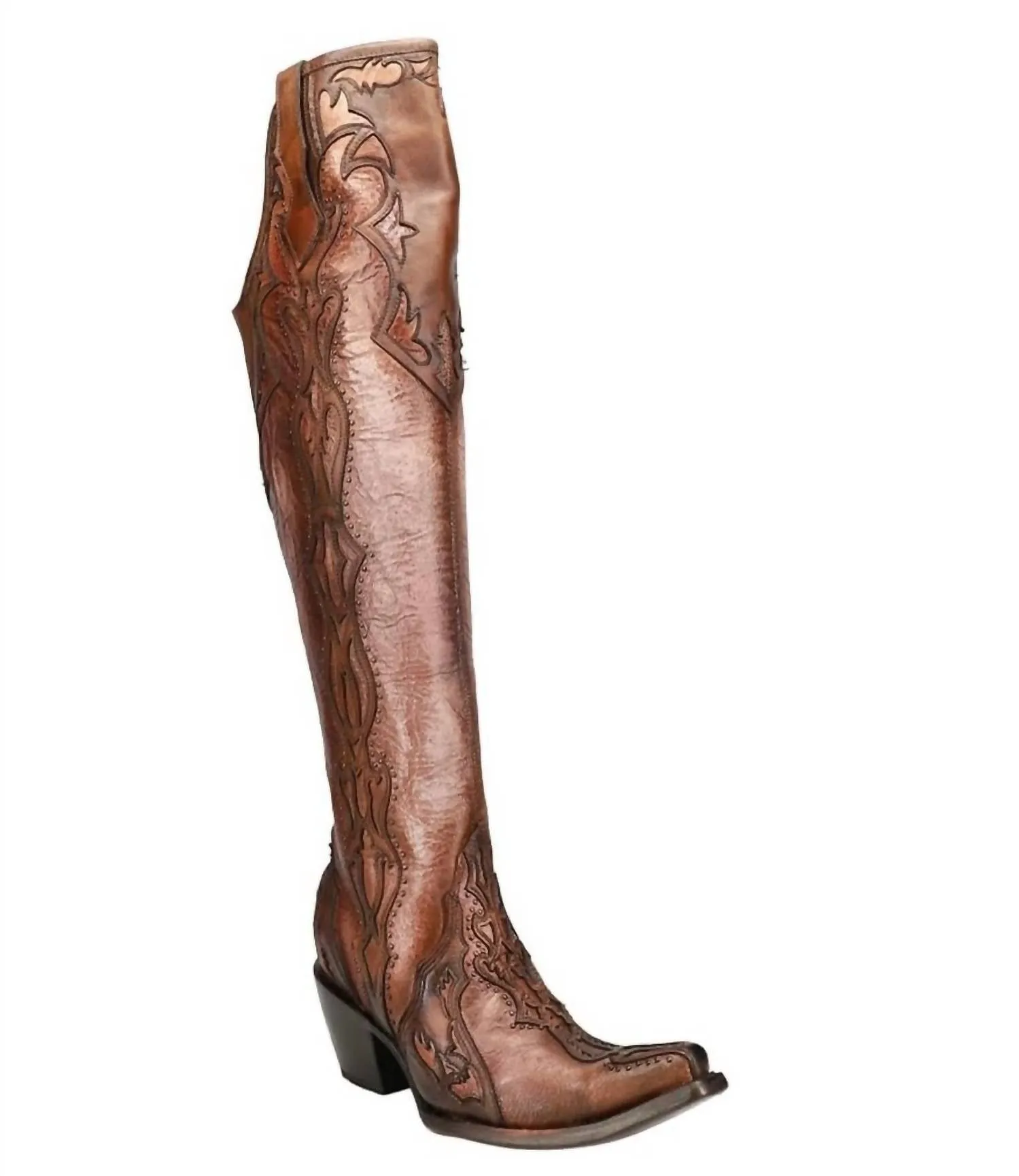 Women's Overlay Tall Western Snip Toe Boots In Chocolate