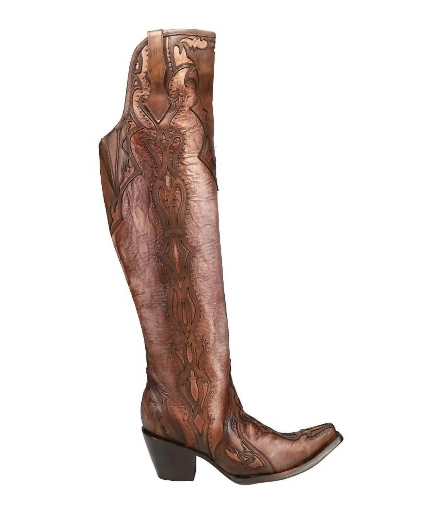 Women's Overlay Tall Western Snip Toe Boots In Chocolate